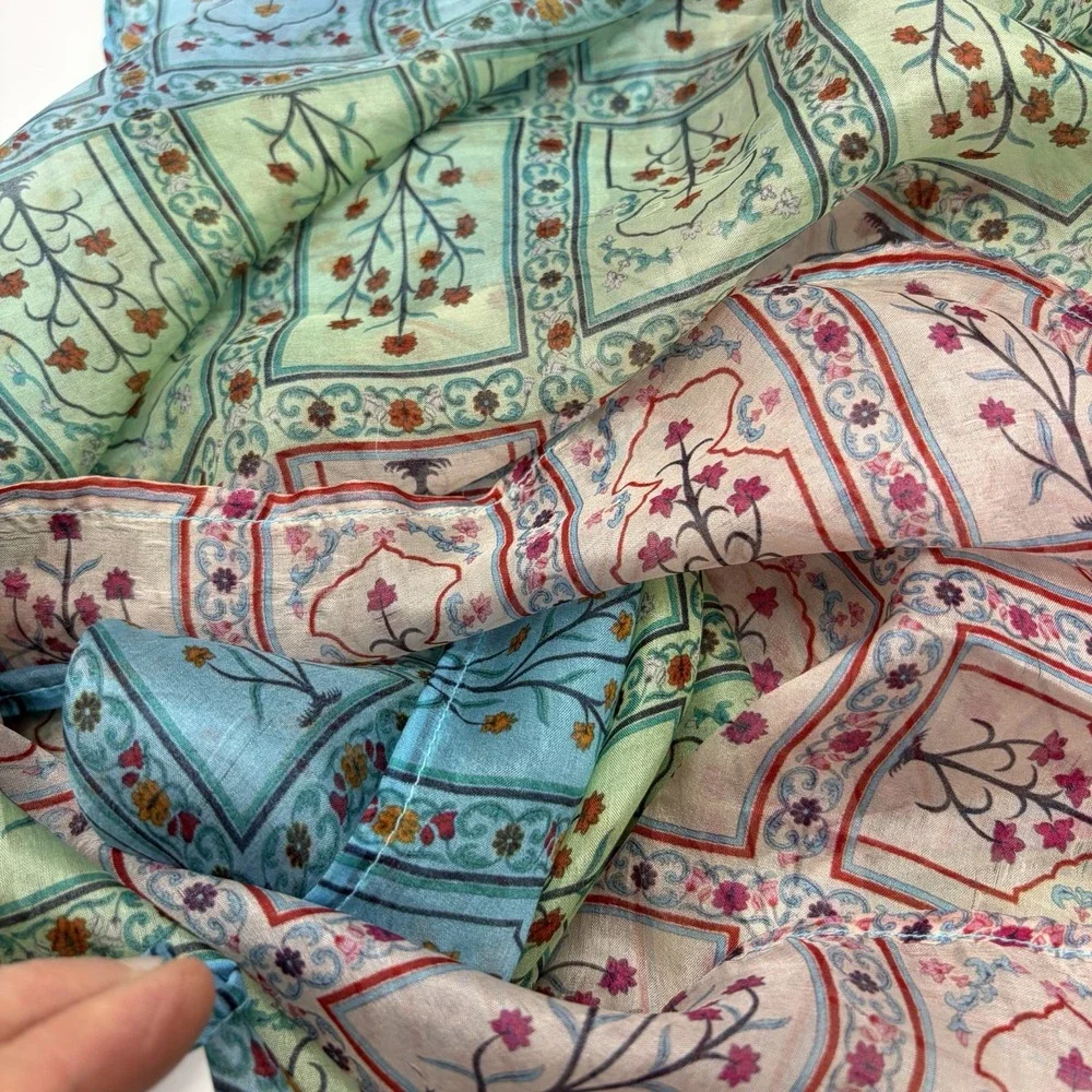 World Market Silk Scarf Floral Teal Asian Rectangle Feminine Prairie Coquette